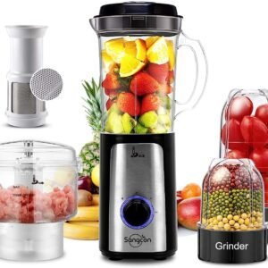 Sangcon Blenders for Kitchen, 5-in-1 Food Processor Combo for Smoothies Set | BPA-Free 47oz Pitcher, 2.5-Cup Bowl, 18/11oz Cups, 3 Blades; Housewives Prep Shakes, Meat, Sauces, Salsa, Coffee, Dry Spices